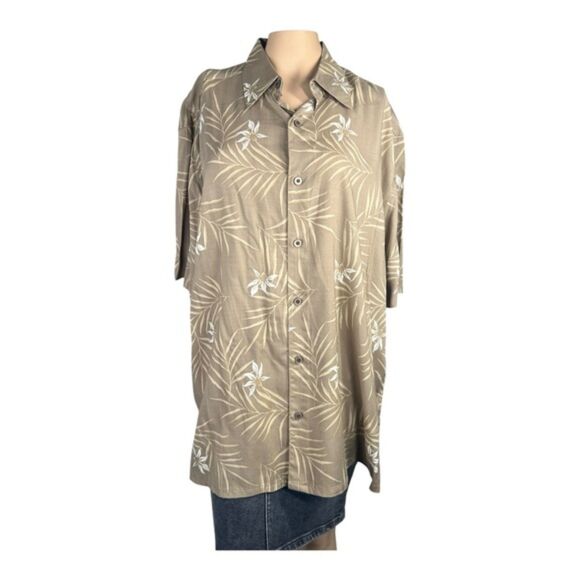 FUSIONE Hawaiian Shirt – Khaki with White Leaf & Floral Print - Picture 1 of 3